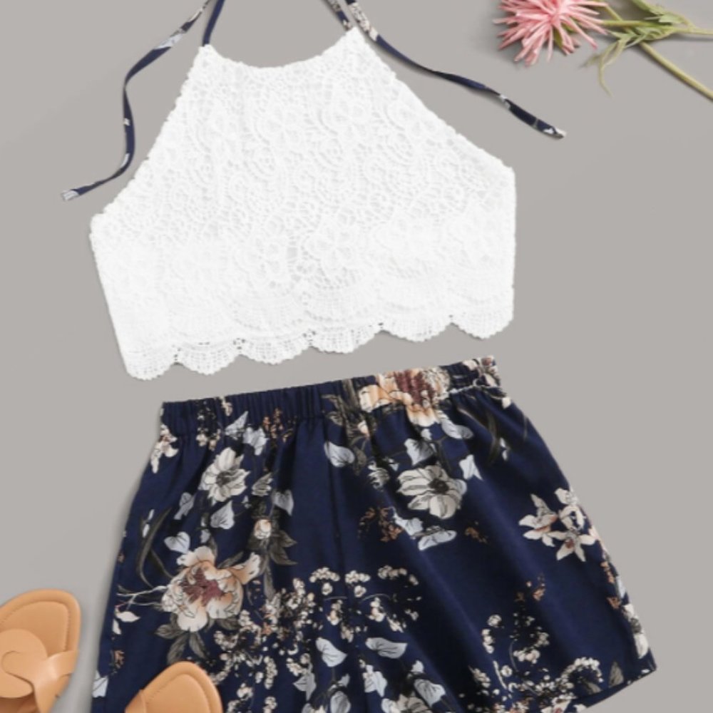 Lace Halter Top with Floral Print Shorts (2pcs)